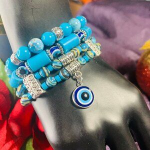 Evil Eye Charm, Magnesite, Apatite, Malachite & Pewter Bead Bracelet Set